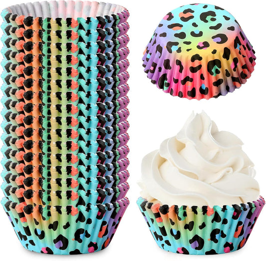 Whaline 300Pcs Leopard Print Cupcake Liner Neon Animal Spot Paper Baking Cup Rainbow Muffin Liner Cake Storage Container For Party DIY Craft, 2 x 1.2 Inch