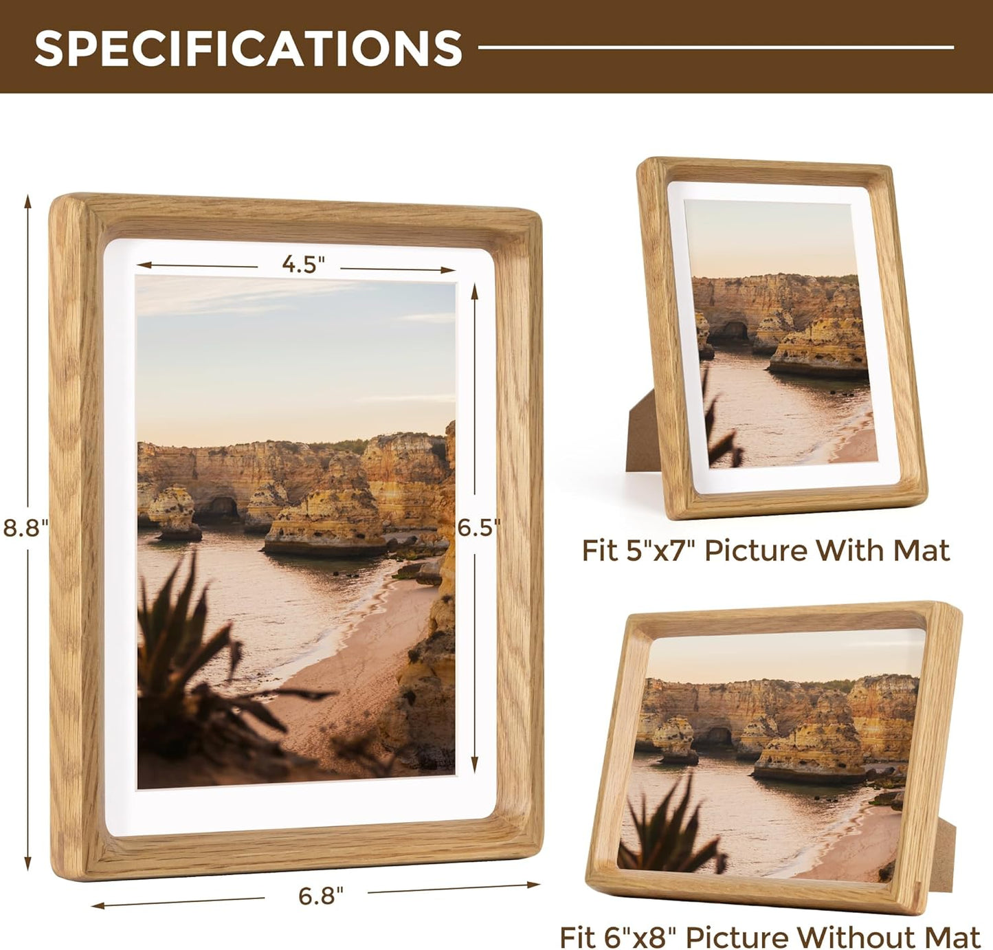 6x8 Frame USA-Sourced Natural Oak Wood Solid Wood Photo Frame Handcrafted Rounded Corner with Mat to 5x7 Picture Frames Display with Real Glass Family Picture, Wedding Picture, Photo, Certificate