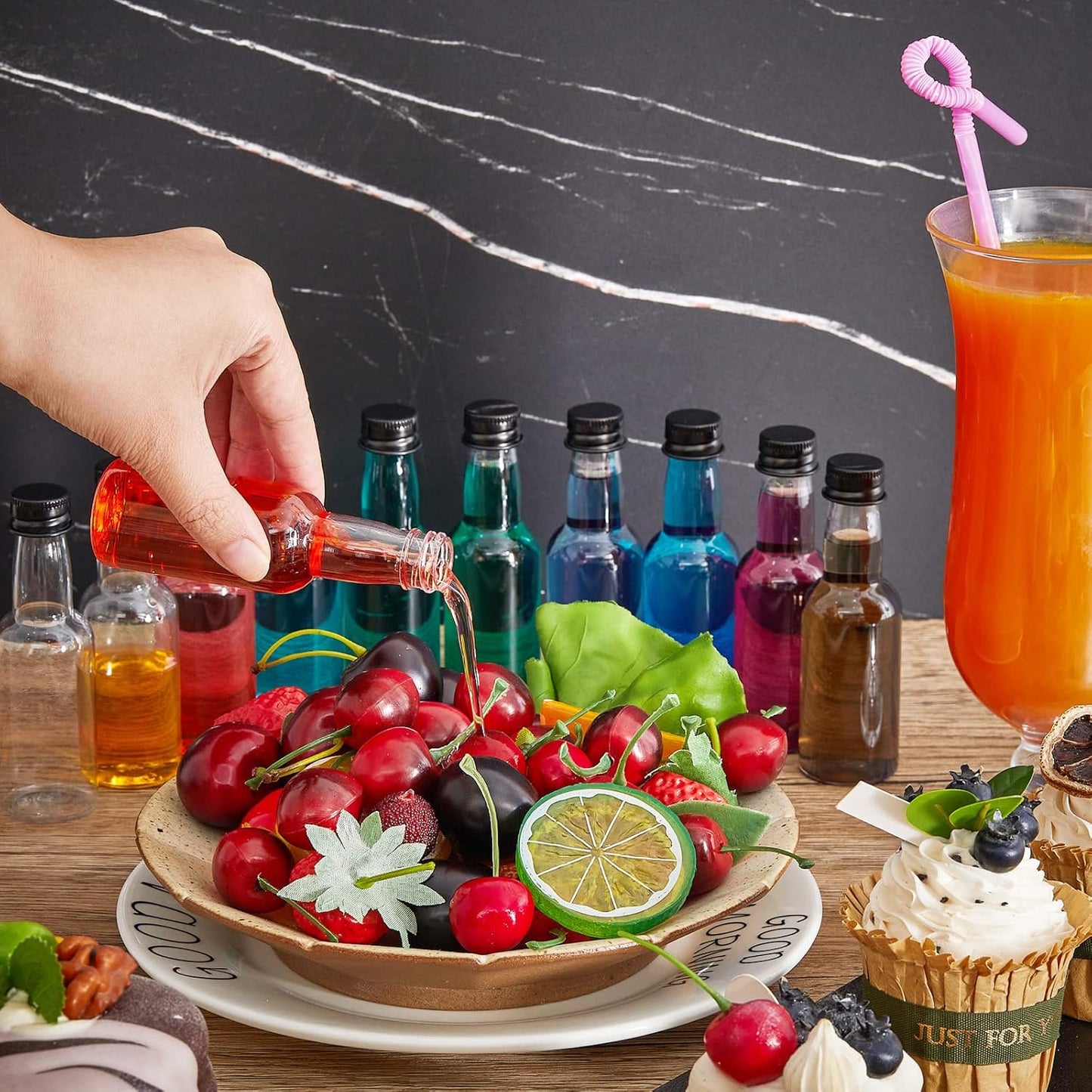 Tessco 100 Pcs Mini Liquor Bottles Plastic Mini Salad Dressing Bottle Christmas Small Shooter Alcohol Holders with Cap Wine Hot Sauce(0.8 Oz,Black)