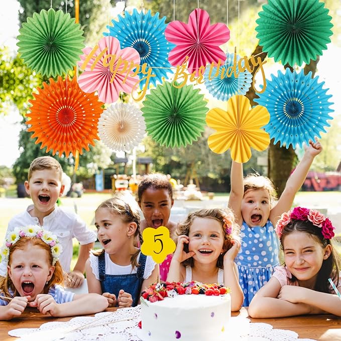 PAPER JAZZ Flowers Paper Birthday Party Decorations Happy Birthday Banners Red and Blue Paper Fans Classroom Decor Flower Wall Decor Hanging Ceiling Decorations