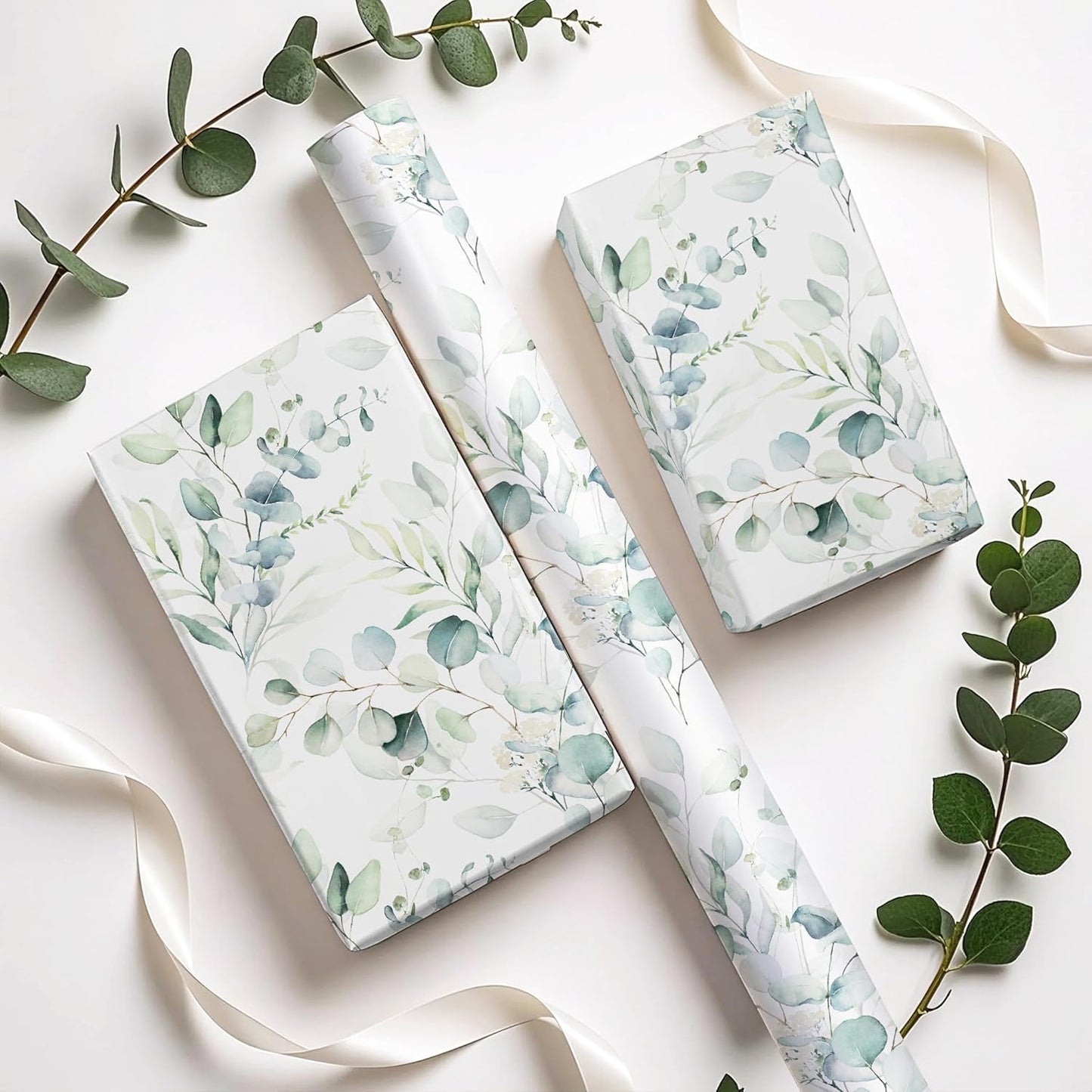 WRAPAHOLIC Eucalyptus Leaves Wrapping Paper Roll - Mini Roll - 17 Inch x 33 Feet - Eucalyptus Greenery Wrapping Paper Perfect for Birthday, Wedding, Bridal Shower