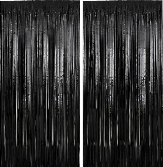 2 Pack 3.28 ft x 6.56 ft Black Tinsel Curtain Party Backdrop Decorations, Metallic Foil Fringe Backdrop Door for Halloween, Christmas, Birthday Graduation Wedding Party Streamers Photo Backdrop.