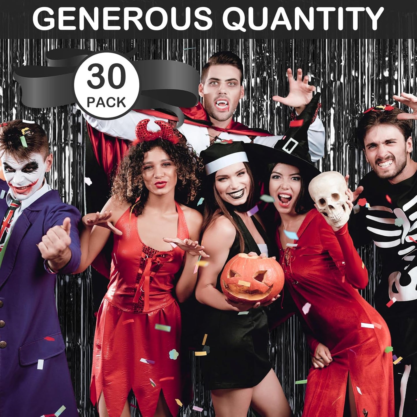 30 Pack Black Foil Fringe Curtain Backdrop, 3.3x8.2 Feet Metallic Tinsel Streamer Curtains Photo Booth Props for Birthday/Graduation/Bachelorette/Halloween/Christmas/New Year/Disco Party Decorations