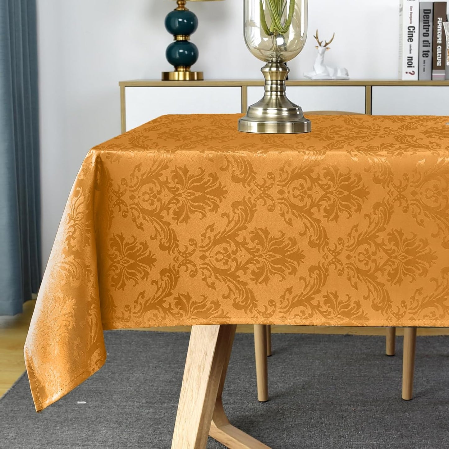 SASTYBALE Amber Rectangle Jacquard Tablecloth, Spill Wrinkle Proof Damask Table Cloth for Rectangle Tables, Rectangular Harvest Fall Inddor Outdoor Tablecloths, 60x 120 Inch Amber