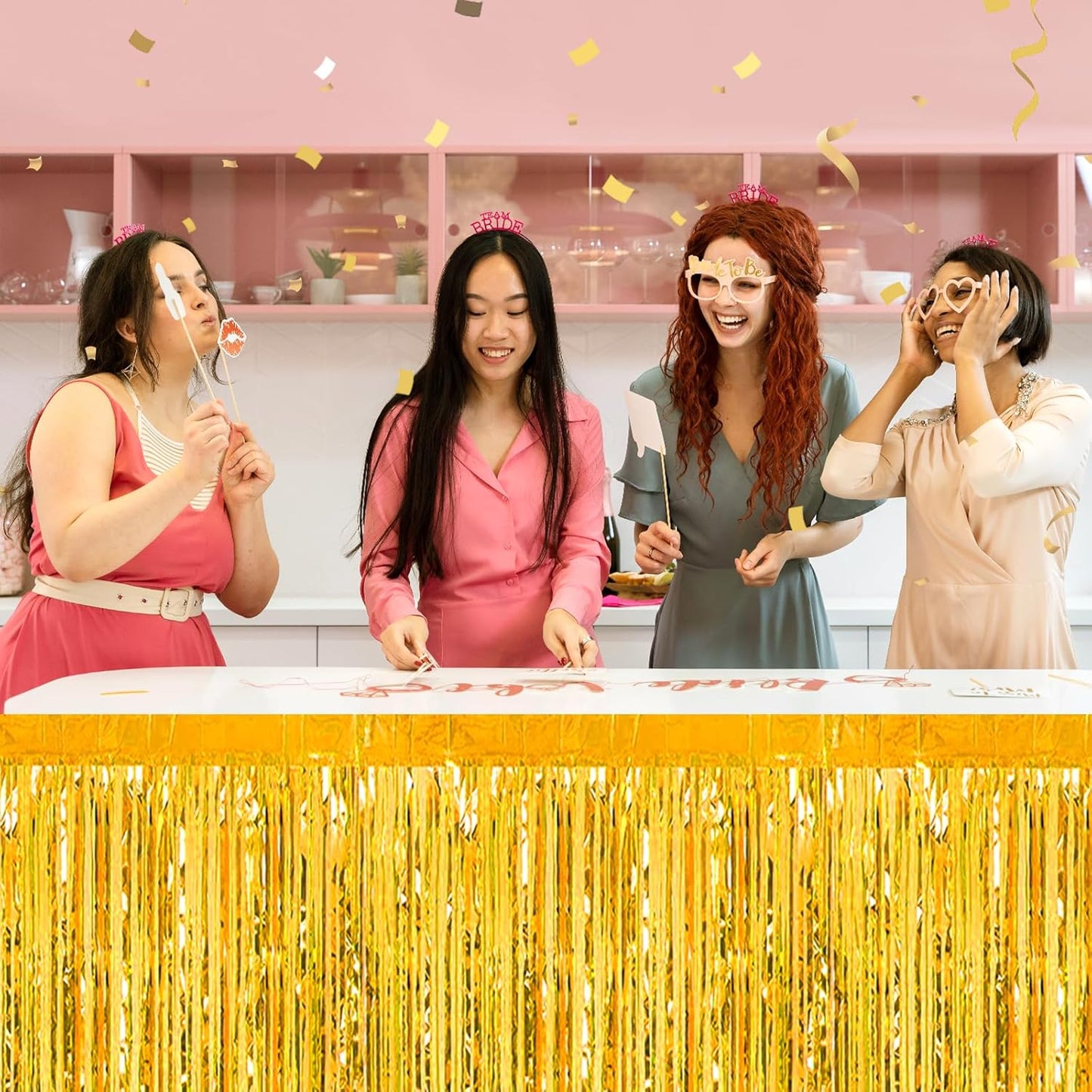 3 Pack 29 x108 Inch Gold Foil Fringe Table Skirts Metallic Banner for Tinsel Streamer Garland Backdrop for Parade Floats Wedding Thanksgiving Birthday Christmas Halloween New Year Party Decoration