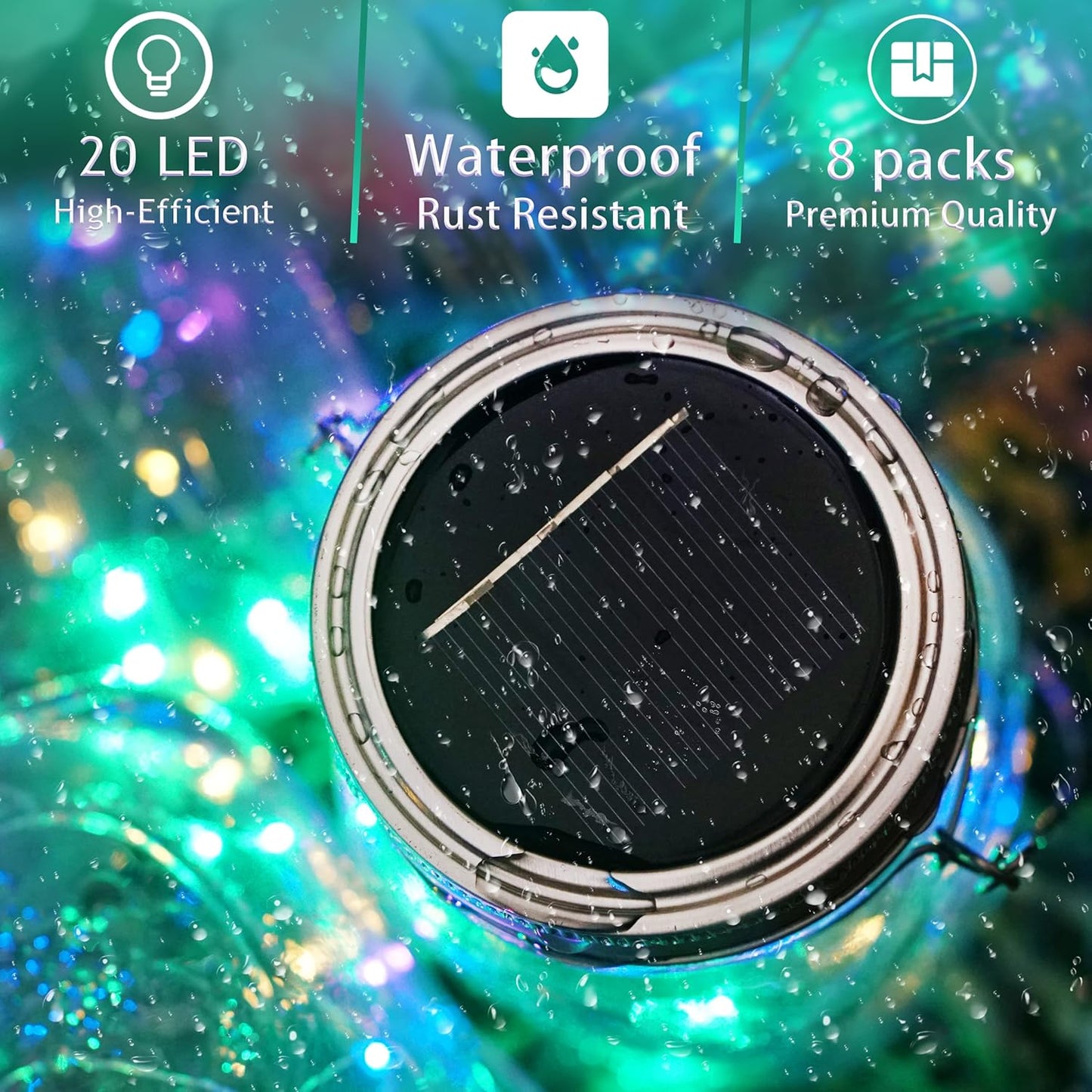 SunKite Solar Mason Jar Lights [Updated], 8 Pack 20 LED Waterproof Fairy Firefly Jar Lids String Lights with Hangers(NO Jars), Patio Yard Garden Wedding Decoration - Colorful