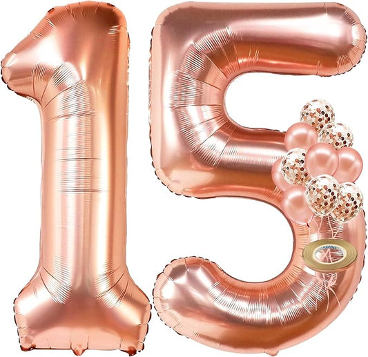 KatchOn, Rose Gold 15 Balloons Number - Giant, 40 Inch | Rose Gold 15 Balloons With Confetti Balloons | 15th Birthday Decorations for Women | Number Balloons for 15th Happy Anniversary Decorations