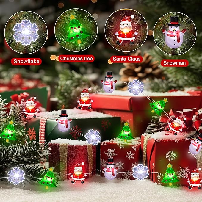 15FT 40 LED Christmas String Lights Battery Operated Snowflake Christmas Tree Santa Snowman Fairy Lights, Xmas Christmas Lights Indoor for Christmas Tree Decorations Home Table Holiday Decor Gifts