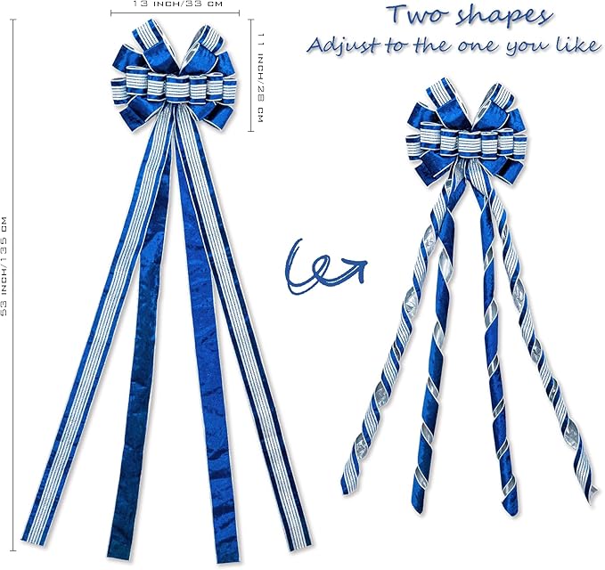 Christmas Tree Topper Bow，53 x 13 Inches Velvet Large Christmas Bow Decor with Long Glittering Streamer Line，Xmas Decorations for Tree Wreath Door Festival Home(Blue & Silver Line)