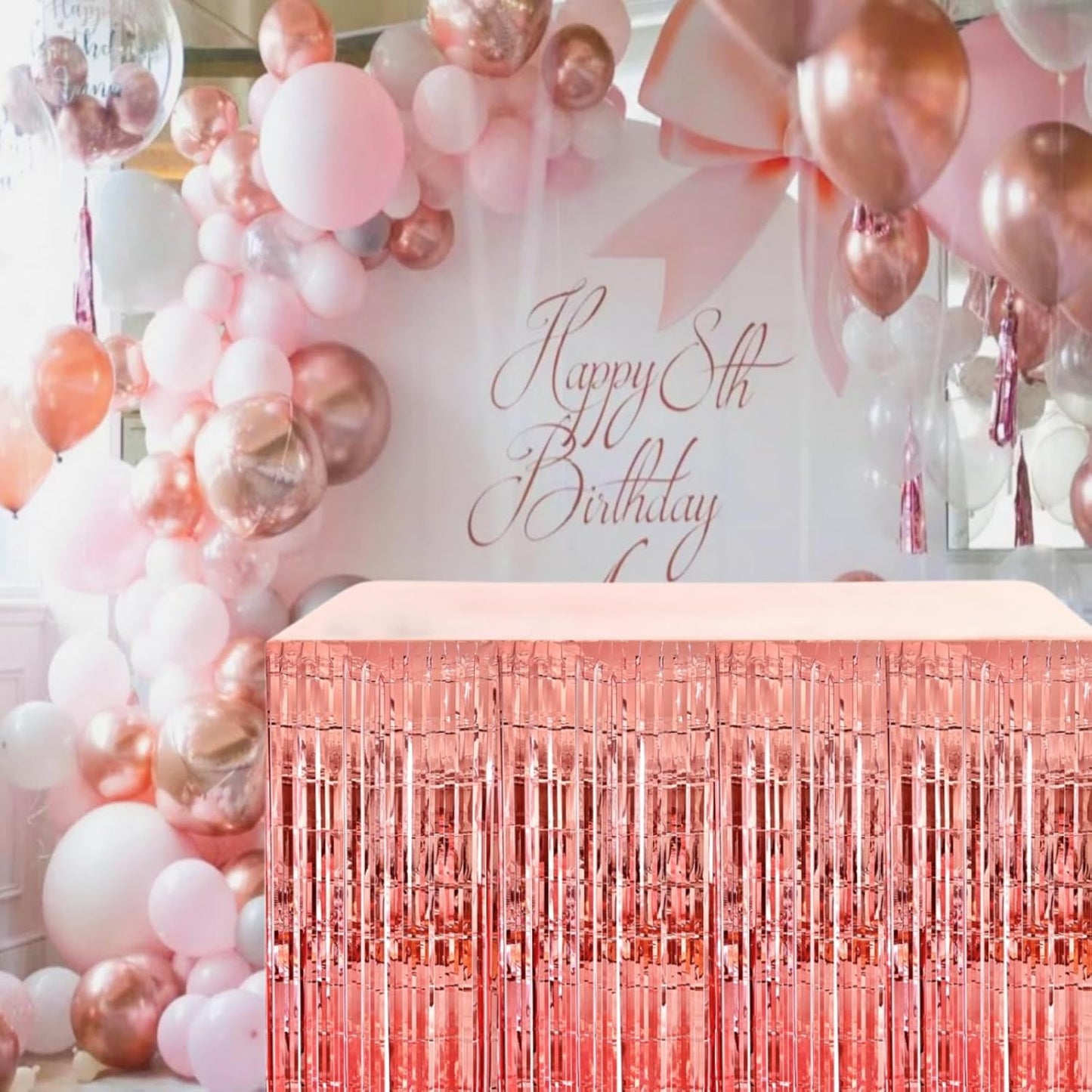 Rose Gold Streamers Party Decorations, 2 Packs Rose Gold Table Skirts Metallic Foil Fringe Tinsel for Bachelorette Birthday Wedding Graduation Float Parade Party Supplies - 29x108 Inch