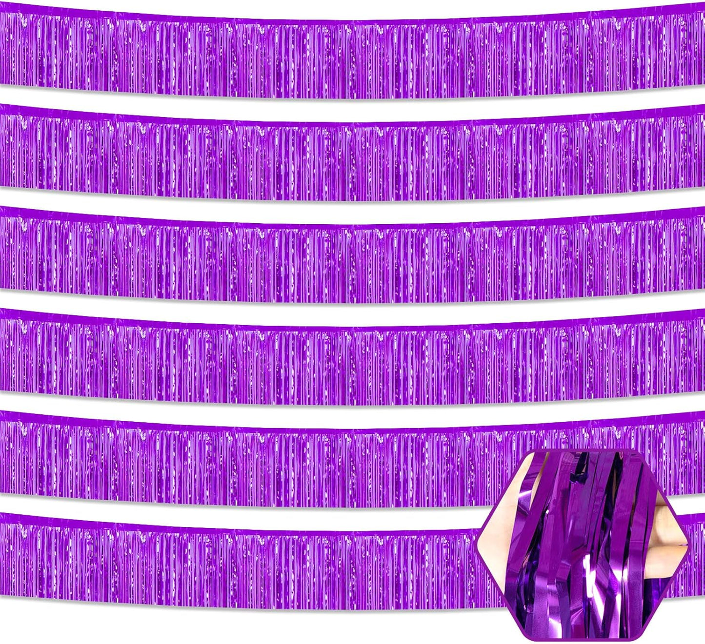 6 Pack 10 Feet Purple Foil Fringe Garland Metallic Tinsel Streamers Banner Wall Hanging Curtain Backdrop for Parade Floats, Birthday, Graduate, Mother's Day, Wedding Party Decoration