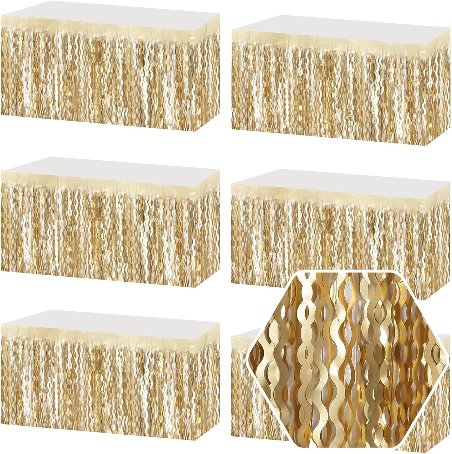 6 Pack 29 x108 Inch Champagne Gold Wave Foil Fringe Table Skirts Metallic Banner for Tinsel Streamer Garland Backdrop for Parade Floats, Mother's Day, Easter, Wedding, Birthday Party Decoration