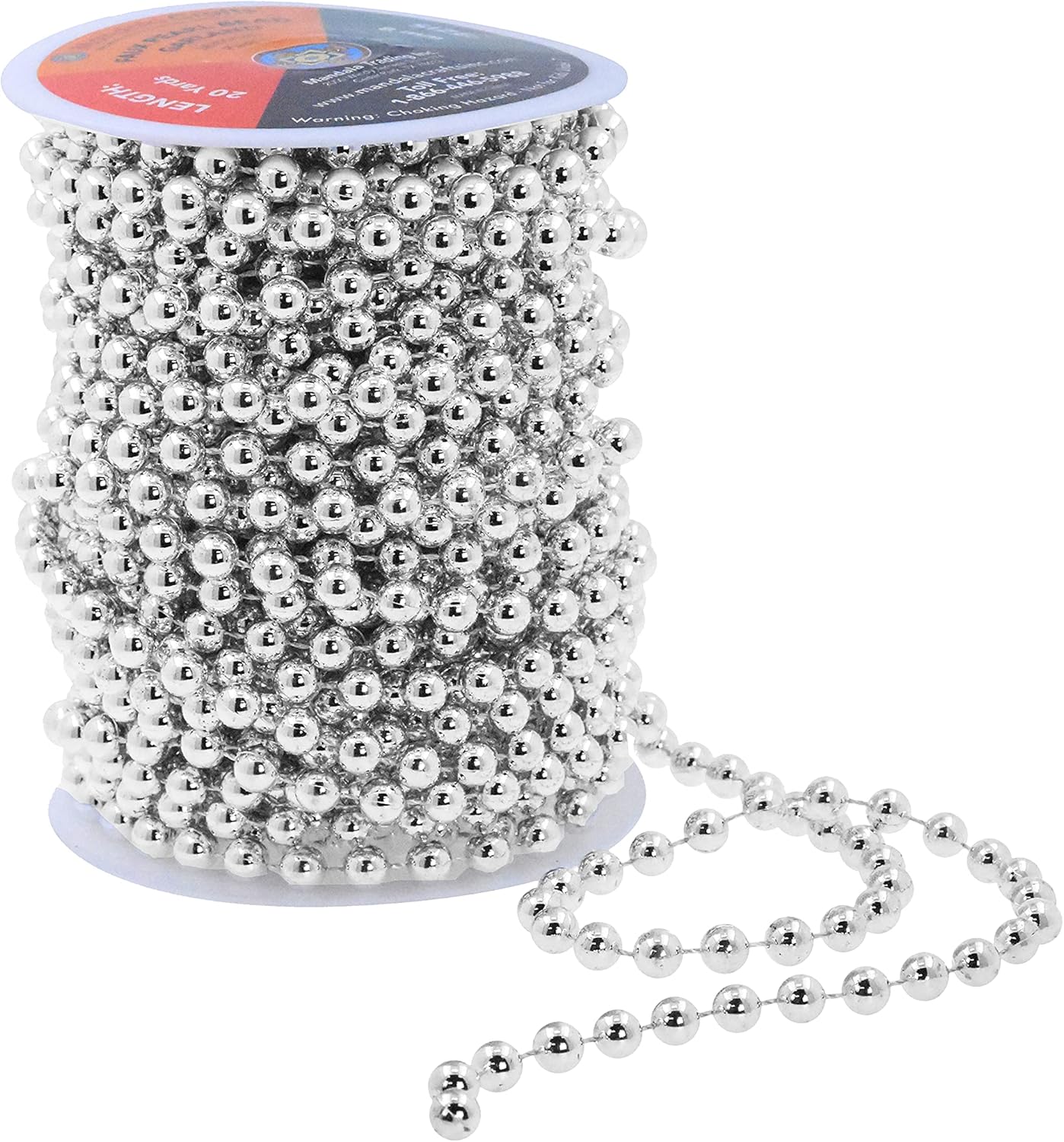 Mandala Crafts 8mm Faux Metallic Silver Pearl Beads Roll - 20 Yards Strand of Fake Pearls Chain Garlands Spool String for Christmas Tree, Wedding, Party, Vases, DIY Decoration