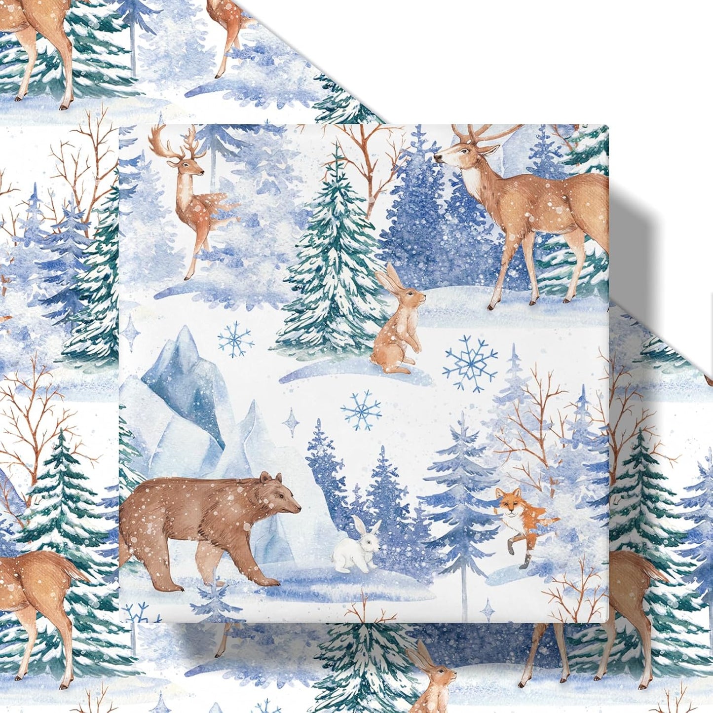 LeZakaa Christmas Wrapping Paper Roll, Winter Forest Animal Gift Wrap with Deer Bear Rabbit Snowflake Design, Watercolor Style, for Xmas Presents Family Gatherings, Holiday, Mini Roll 17 in x 16.4 Ft