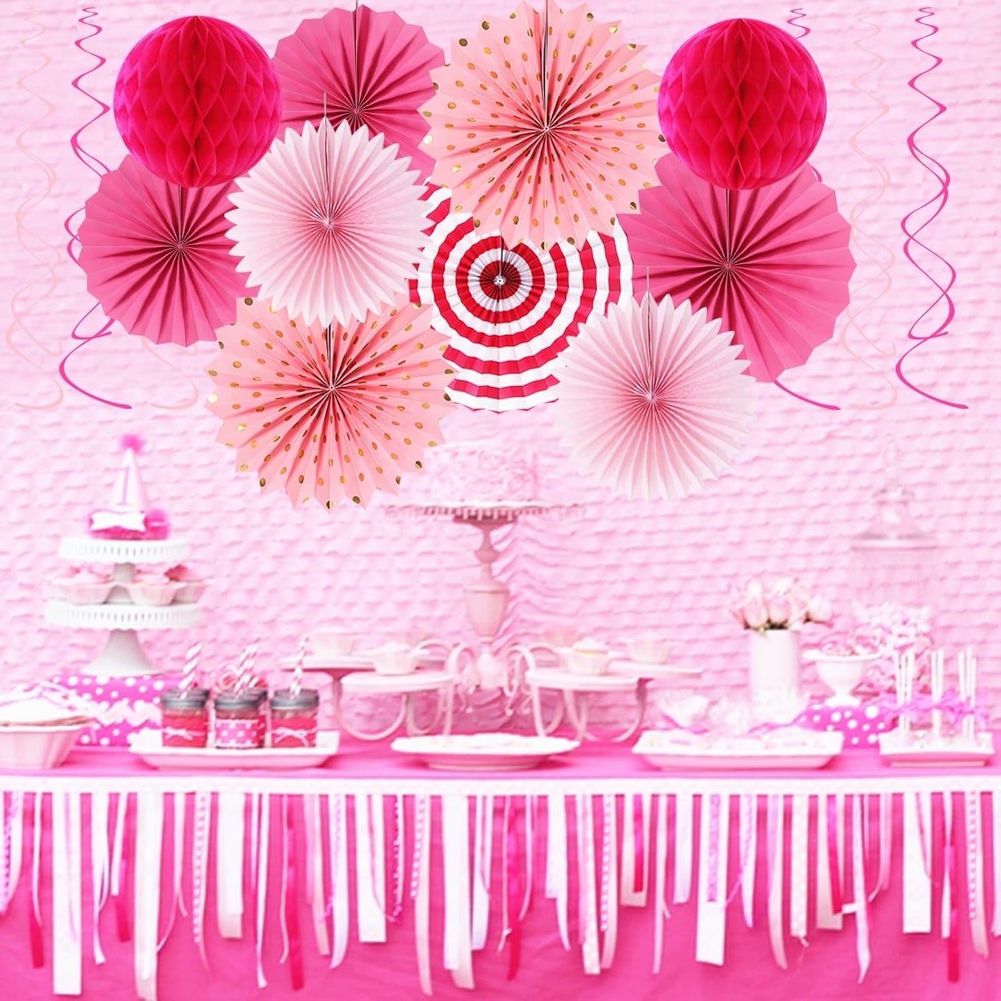Hot-Pink Rose Red Party-Decorations - 33pcs Banner,Streamers Tassel Garland,Tissue Pom Poms Honeycomb,Paper Lanterns Fan,Birthday Wedding Bridal Baby Shower Bachelorette Engagement Decor Hugtmr