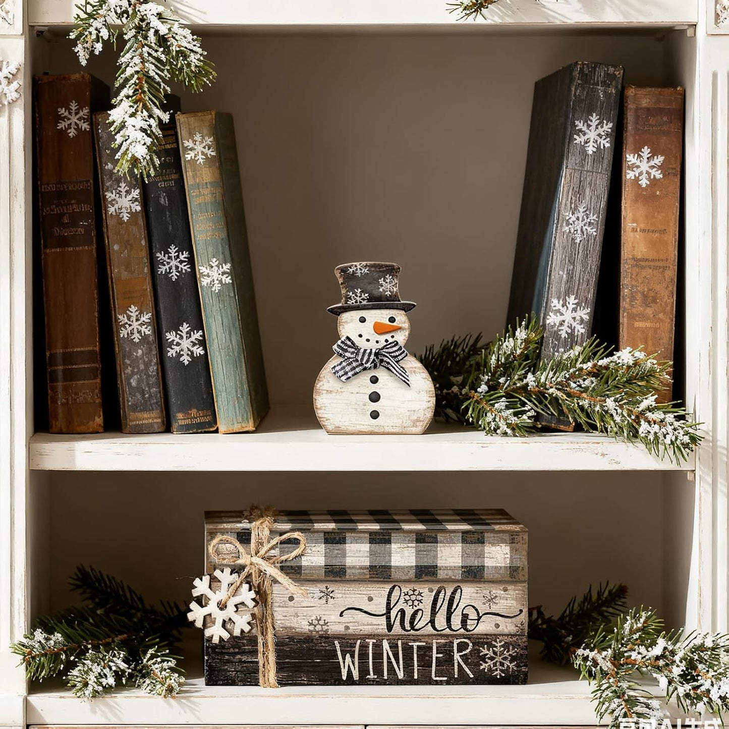 4 Pcs Snowman Christmas Decor Winter Table Decorations Christmas Tiered Tray Decor Winter Centerpiece Indoor Rustic Wooden Snowman Block Sign Gift Farmhouse for Home Kitchen Shelf