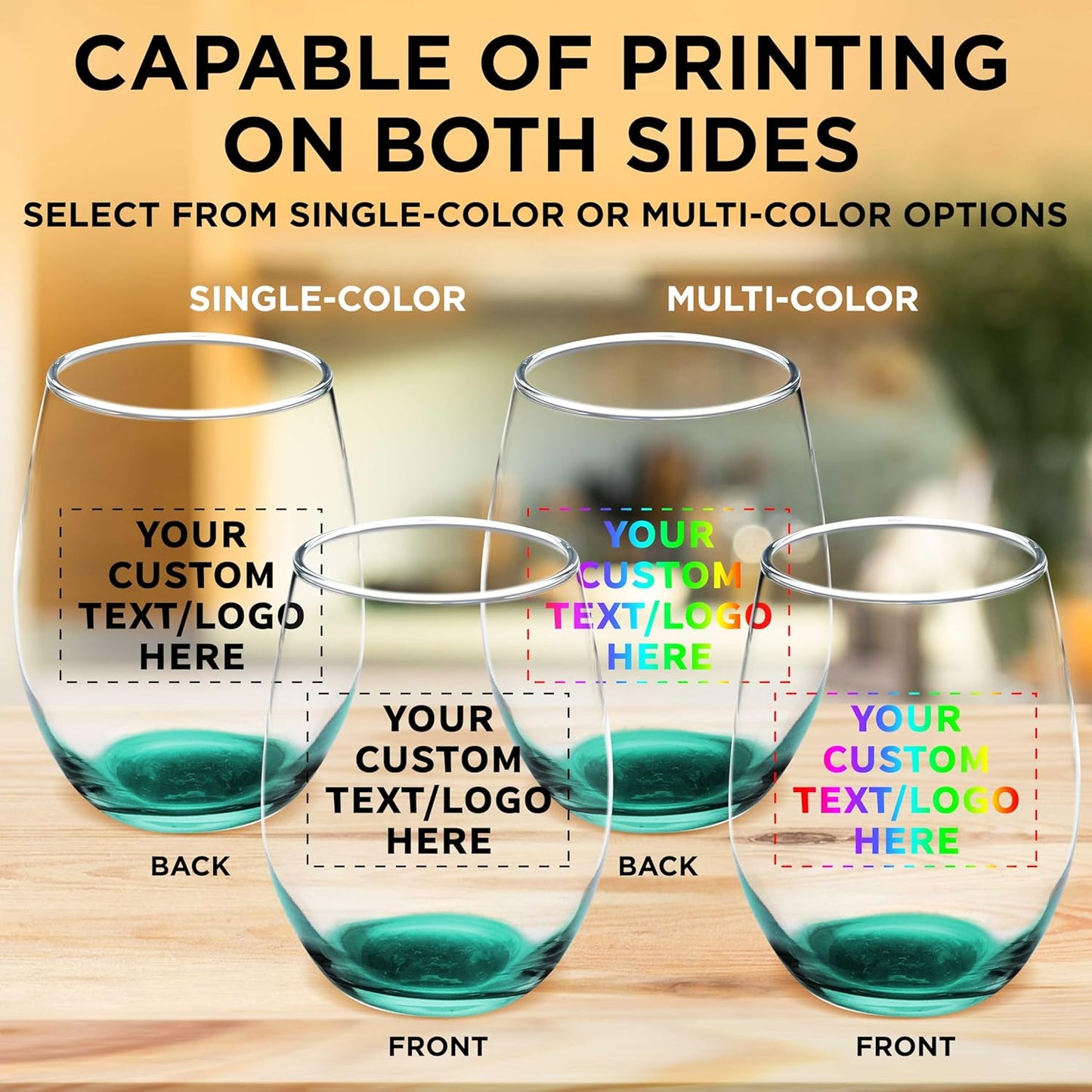 Custom Stemless Wine Glass 9 oz. Set of 100, Personalized Bulk Pack - Great for Wedding Favors, Bachelorette Party Decorations, Party Favors, Color Bottom - Green