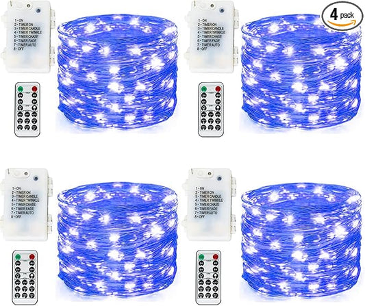 Fairy Lights Battery Operated 100 LED 33 ft Twinkle Starry Firefly LED String Lights with Timer 8 Modes Remote Waterproof for Christmas Party Bedroom Wedding 4 Pack (Blue)