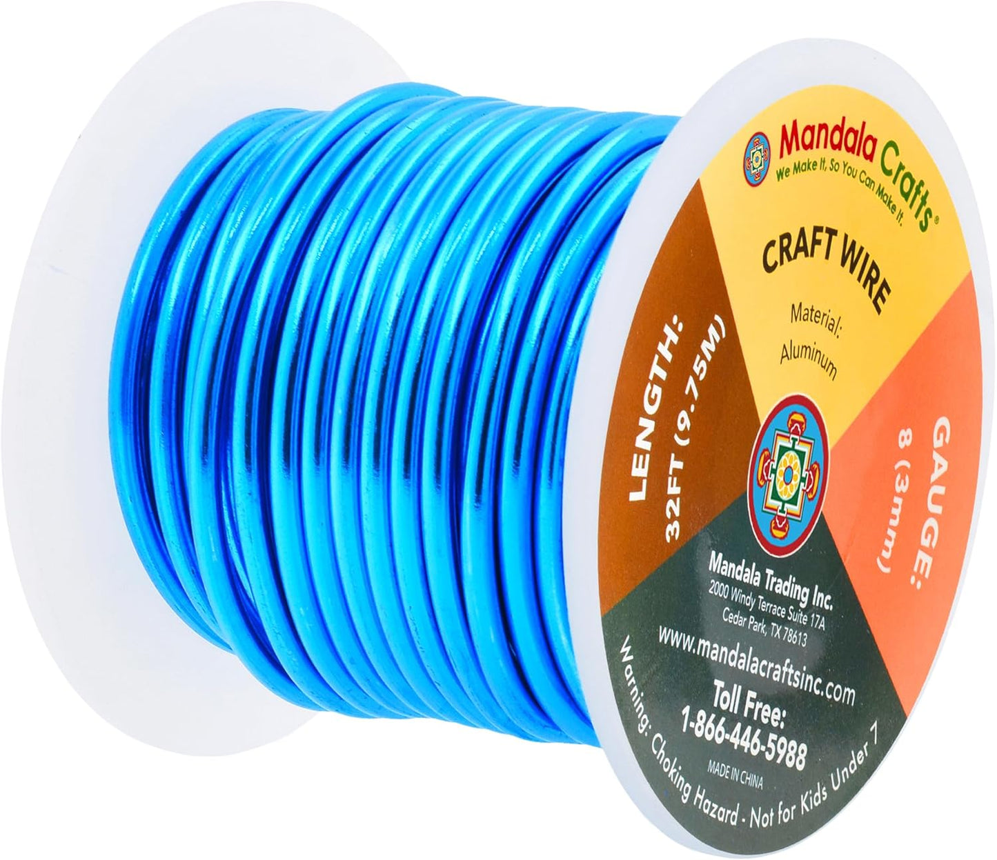 Mandala Crafts 8 Gauge Anodized Aluminum Craft Wire for Jewelry Making - 32 FT Colored Flexible Bondi Blue Wire - Bendable for Bonsai Armature Crafting Sculpting