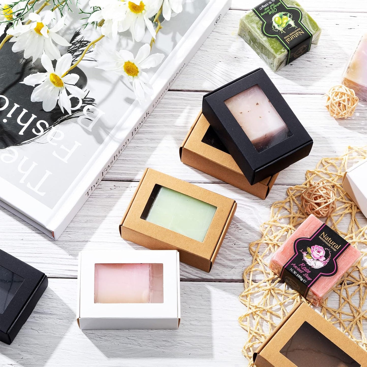 Zonon 30 Pcs Soap Boxes for Homemade Packaging, Mini Kraft Treat Boxes with Window for Bakery Candy Soap Making Gift Packaging(3.5 x 2.4 x 1.2 Inch,Black Brown White)