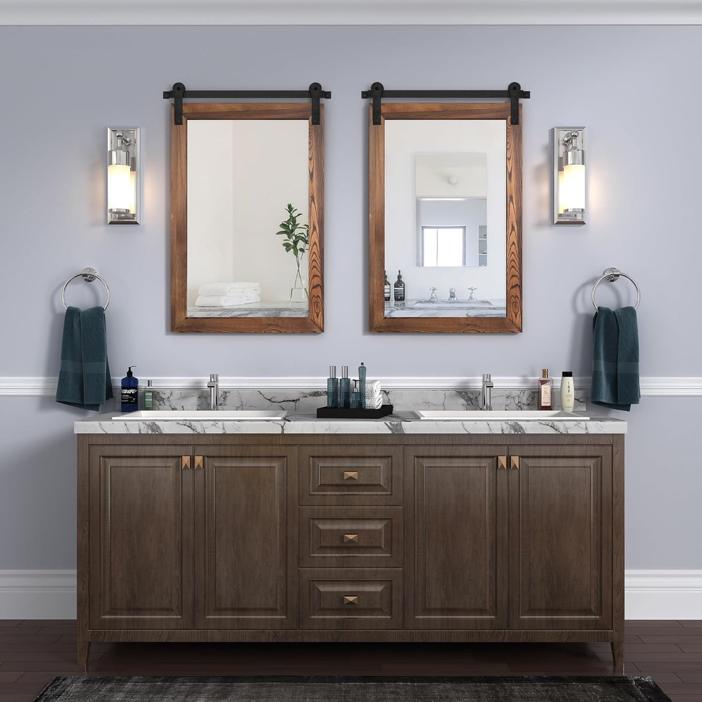 COGOOD Farmhouse Barn Door Mirror - 21 x 30 Rustic Wood Framed Wall Mirror for Bathroom, Living Room, Entryway Wall Decor (Brown)