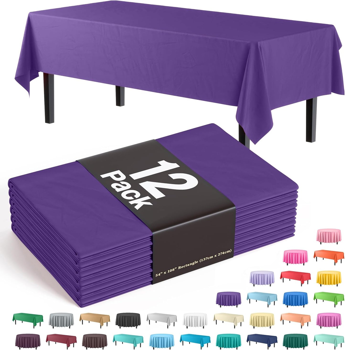 Party Solids Pack Of 12 Premium Plastic Tablecloth 54 Inch x 108 Inch Rectangle Table Cover - Purple