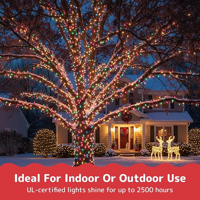 PREXTEX 50 Ct. Multi-Color Christmas Tree Lights with White Wire - 10 Ft Holiday String Lights for Indoor and Outdoor Use- Multicolor Incandescent Christmas Tree Decoration with End-to-End Connectors