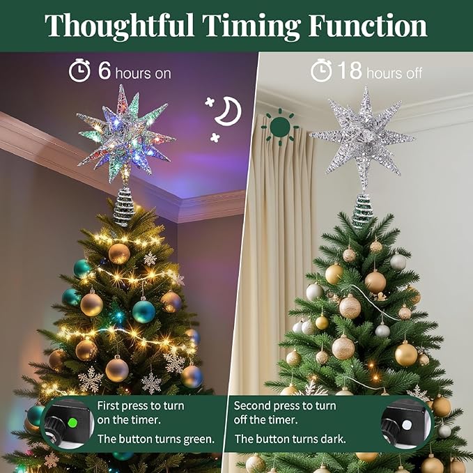 Lewondr Christmas Tree Topper, Plug in 3D Starburst Xmas Lighted Star Tree Topper, Remote Control & Timer Light Up Vintage Moravian Tree Topper for Christmas Decoraiton, Colorful Light, Silver