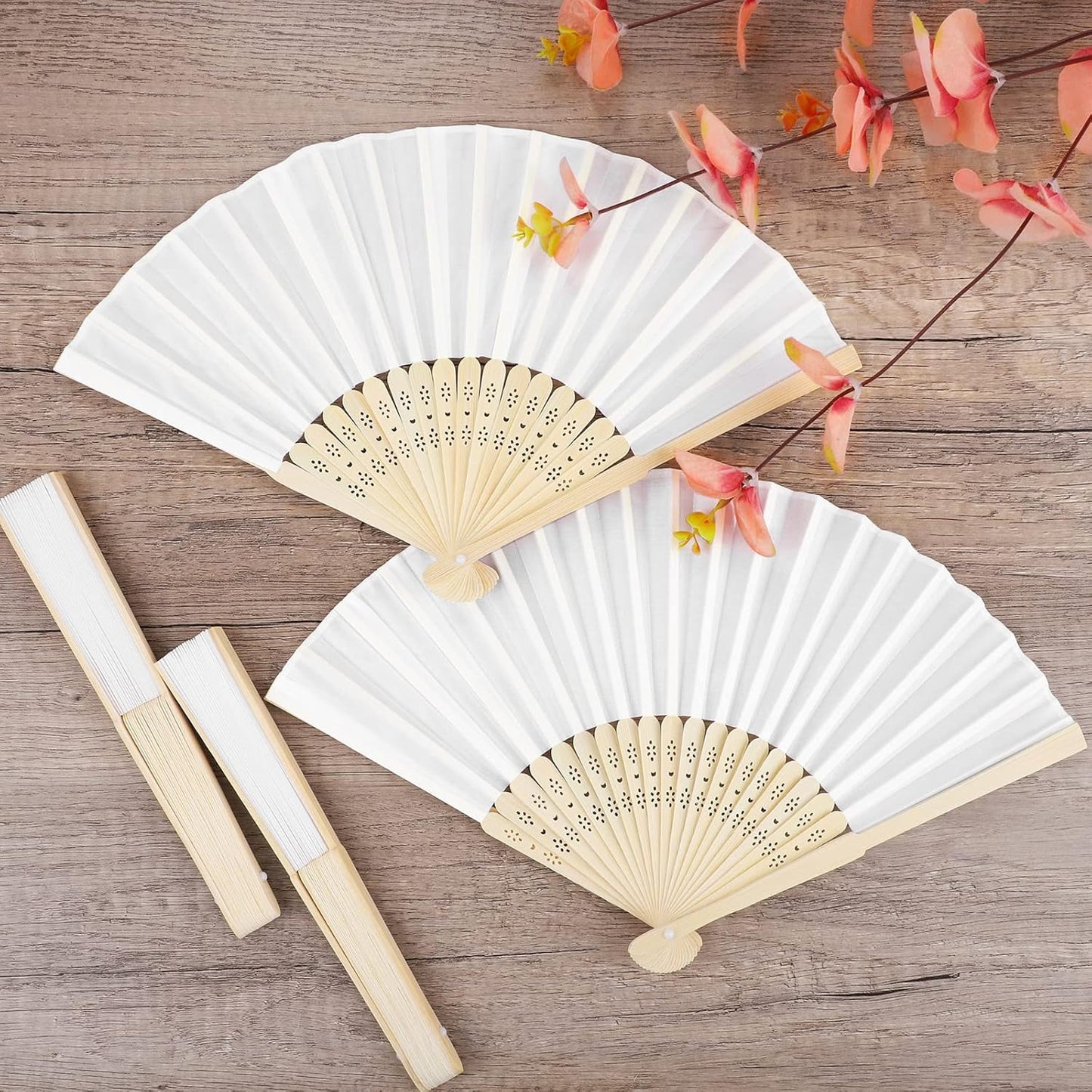 MCEAST 50 Pieces Silk Folding Fan with Bamboo Frames, Handheld Fan Folding Hand Fan Foldable Fan for Wedding Gifts, Party Favors, Home Decoration, White