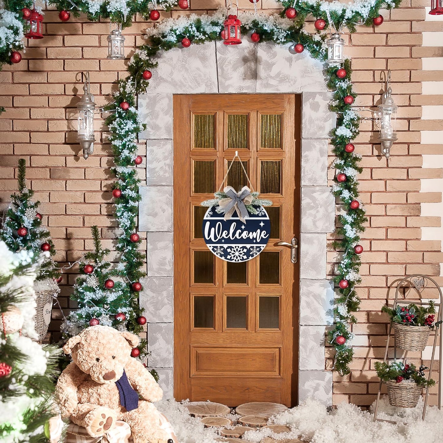 CHDITB Blue Welcome Winter Front Door Sign Wreath(11.4”), Wooden 3D Welcome Home Decoration Wall Hanging with Plaid Bow Snowflake, Farmhouse Christmas New Year Decor for Home Office