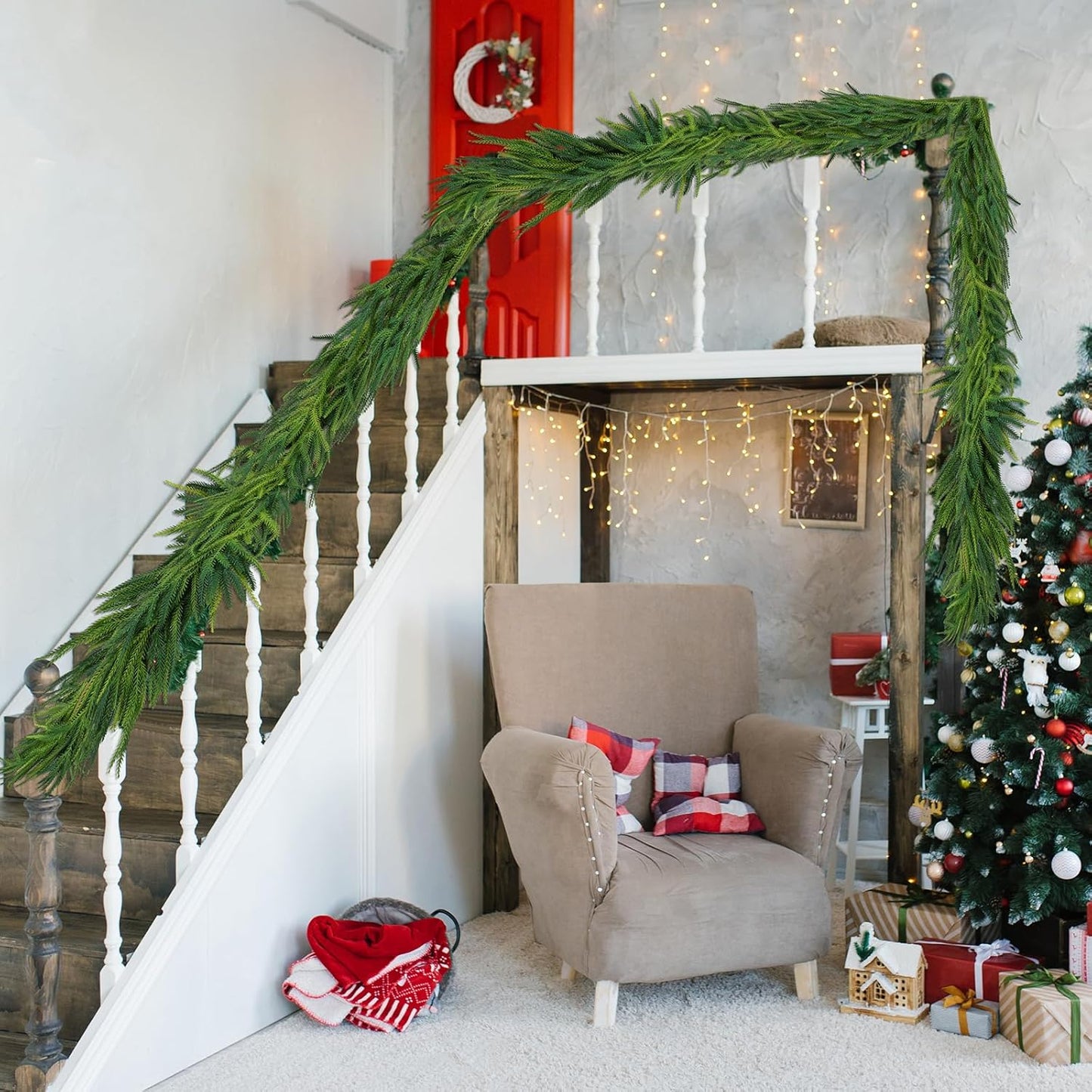 3 Pcs Artificial Norfolk Pine Garlands Christmas, 9 FT Dense Real Touch Winter Pine Garland Ornament, Green Artificial Greenery Garland for Table, Mantle, Wall, Indoor, Outdoor Christmas Decorations