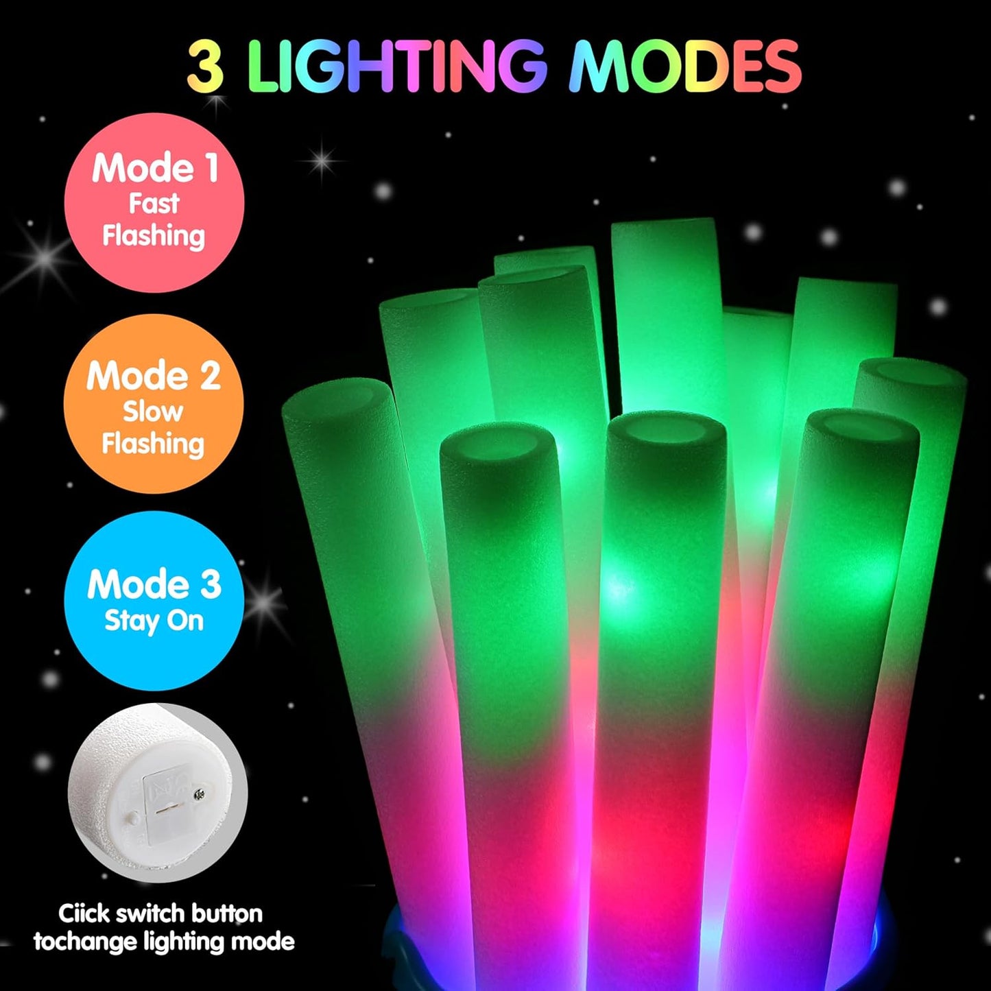 JOYIN 12 PCS LED Light Up Foam Sticks, Glow Sticks Party Favors Bulk with 3 Modes Color Flashing Glow Party Supplies for Halloween, Spooky Celebrations, Wedding, Camping, Birthday, Raves, Carnival