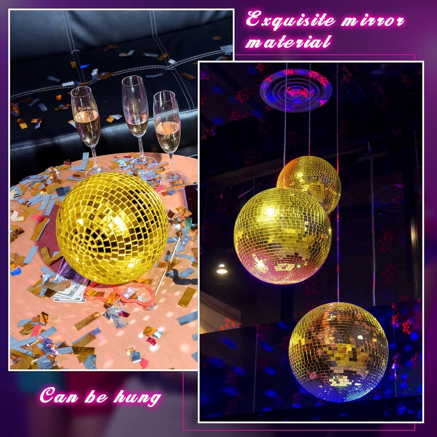 WILLBOND 12 Pack Disco Ball Mirror Ball with Hanging Ring for Fun Retro Disco Party Decorations Party Dj Lighting Effect Stage Props Game Accessories, 5.91", 3.94", 3.15", 2.36"(Gold)