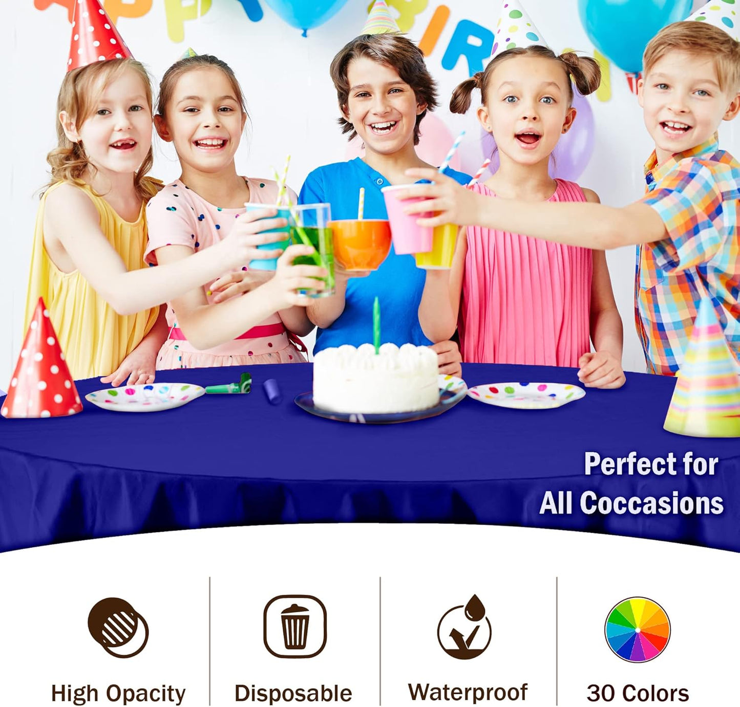 Party Solids Pack Of 12 Premium Plastic Tablecloth 84 Inch Round Table Cover - Navy Blue