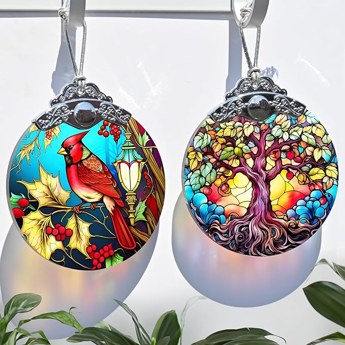Christmas Ornament - Red Bird Cardinal Stained Glass Decor - Holiday Decorations and Xmas Gift Ideas for Tree