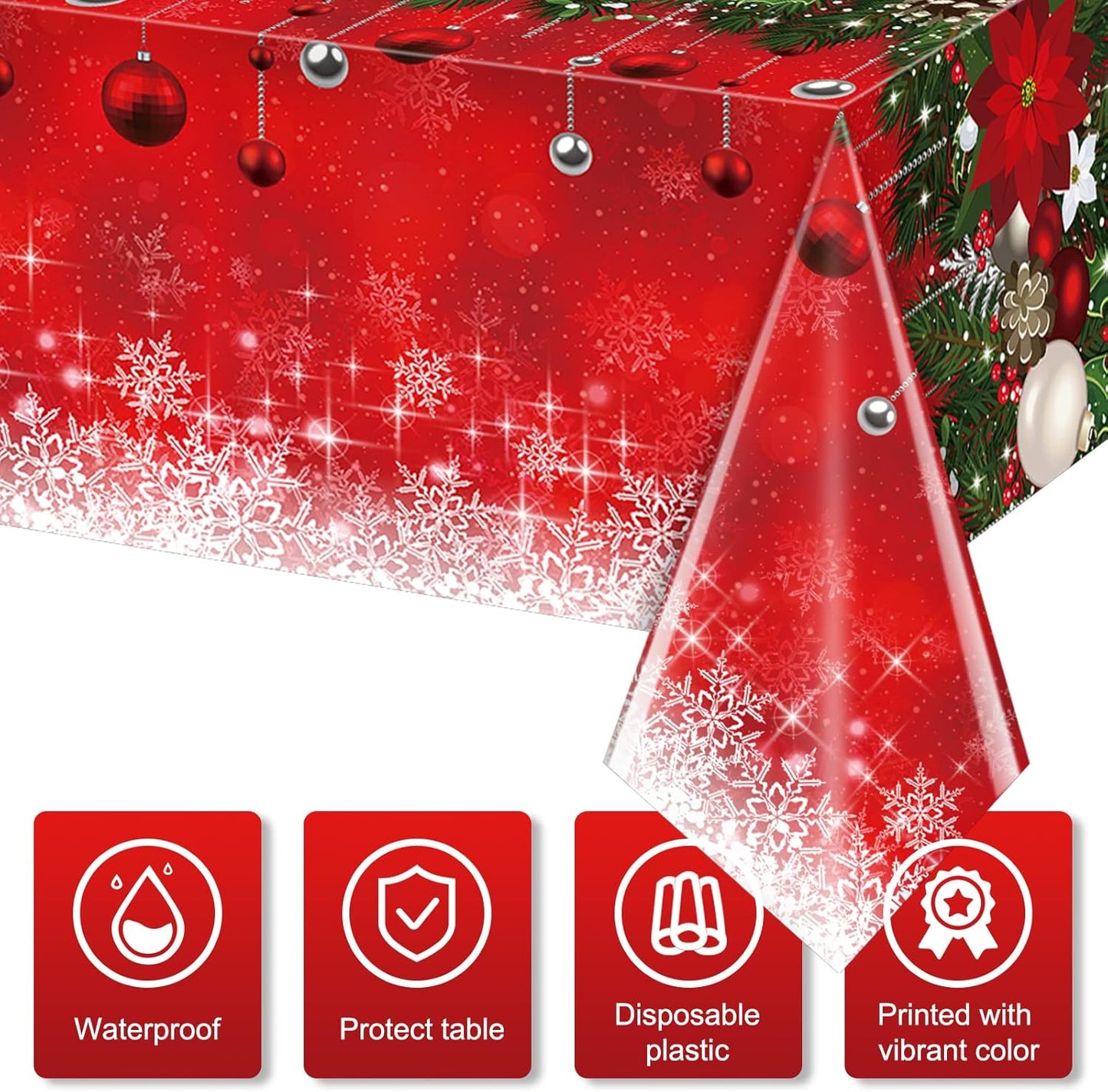 6Pieces Merry Christmas Tablecloth Plastic Christmas Tree Ball Table Cover Rectangle Winter Snowflake Tablecloth for Merry Christmas Holiday New Year Eve Party Decorations Supplies,54x108inch