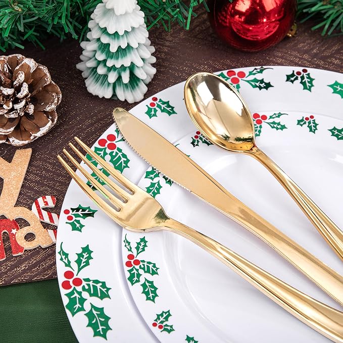 FLOWERCAT 175 PCS Christmas Plates set & Holly Berry Plates - Christmas plates disposable Include 50 Christmas Plastic Plates,25 forks, 25 knives, 25 spoons, 25 napkins Ideal for Xmas Party