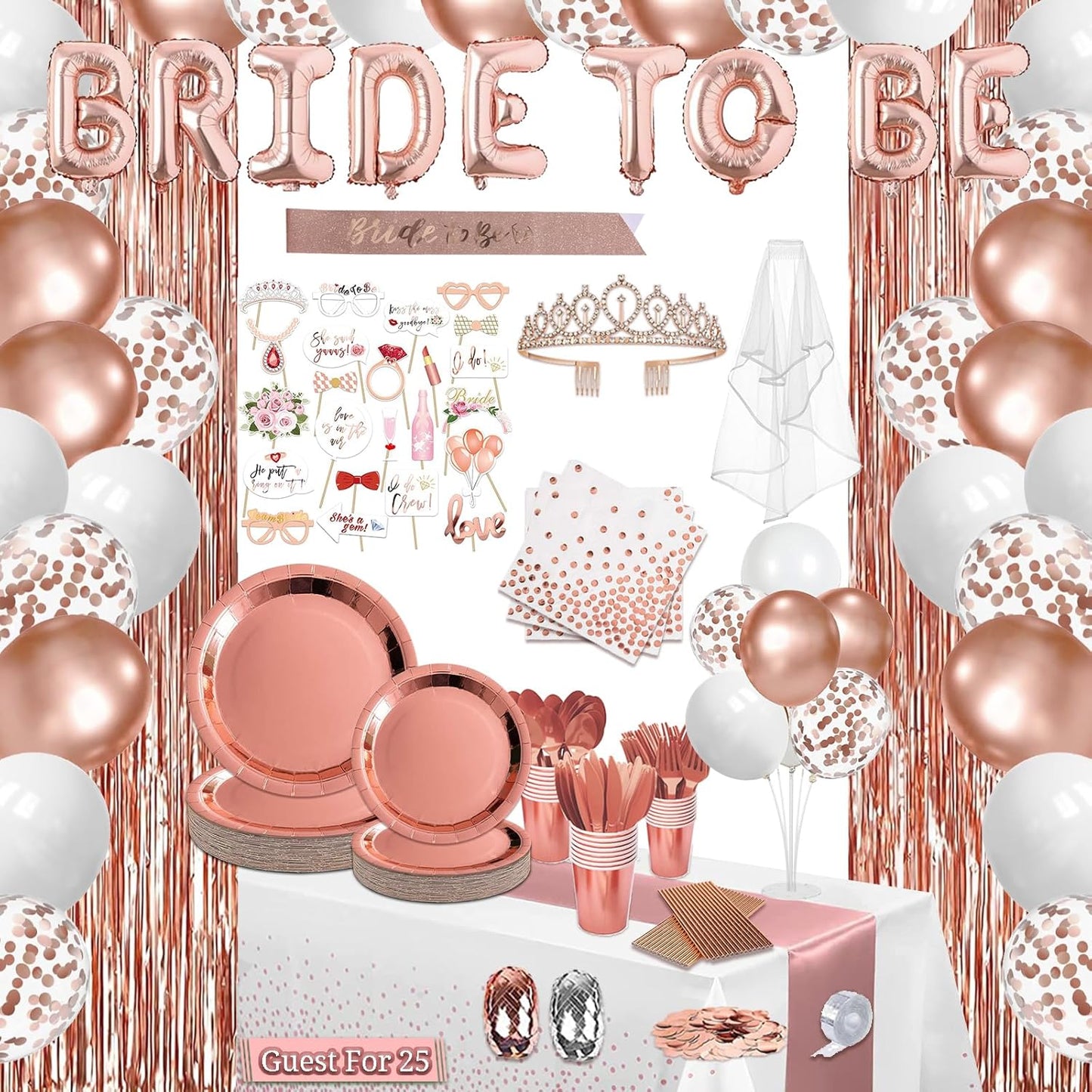 274 Pcs Rose Gold Bridal Shower Decorations, Bachelorette Party Decorations Favors - "BRIDE TO BE" Banner, Veil, Balloon, Photo Props, Tableware with Rose Gold for 25 Guests