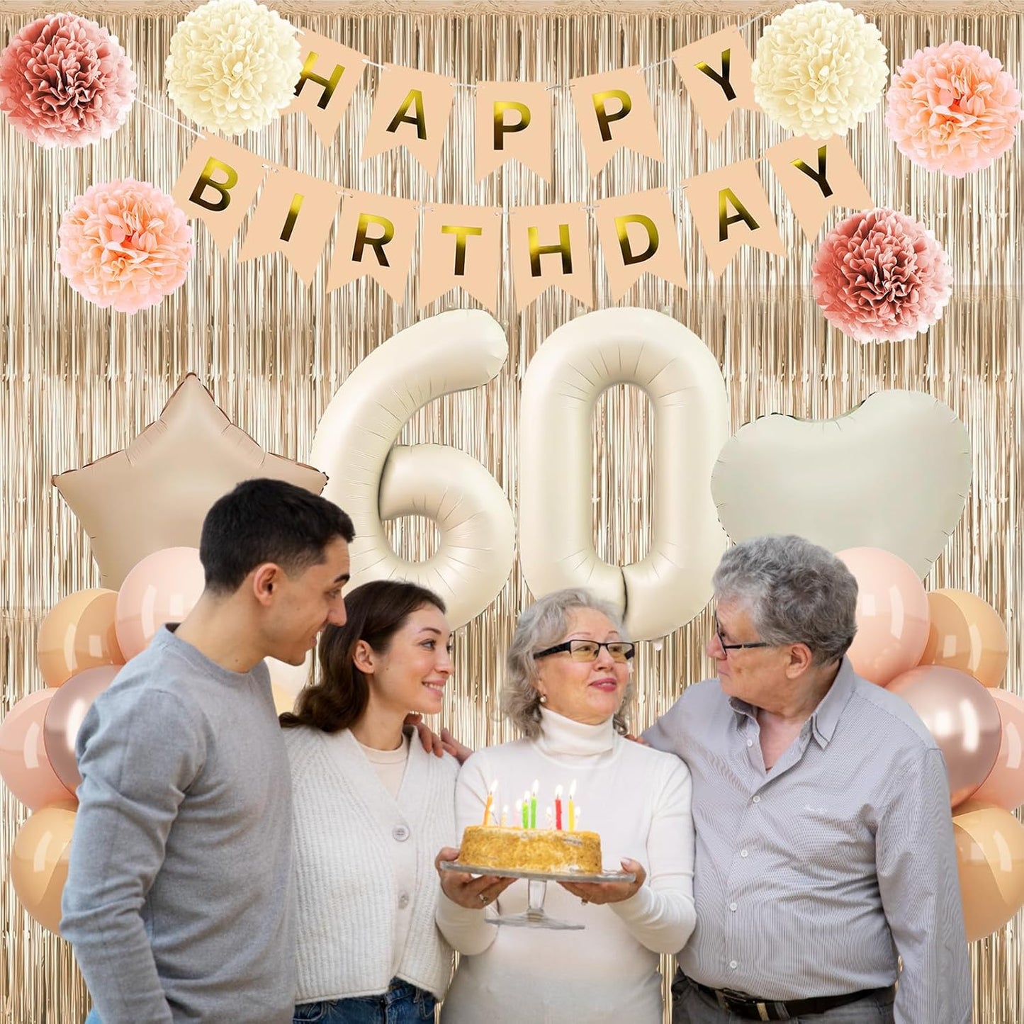Beige 60th Birthday Decorations for Women Cream Number 60 Balloon Nude Gold Happy Birthday Banner Fringe Curtain Paper Pom Poms Blush White Sand Champagne Star Foil Balloons Neutral Boho Party Decor