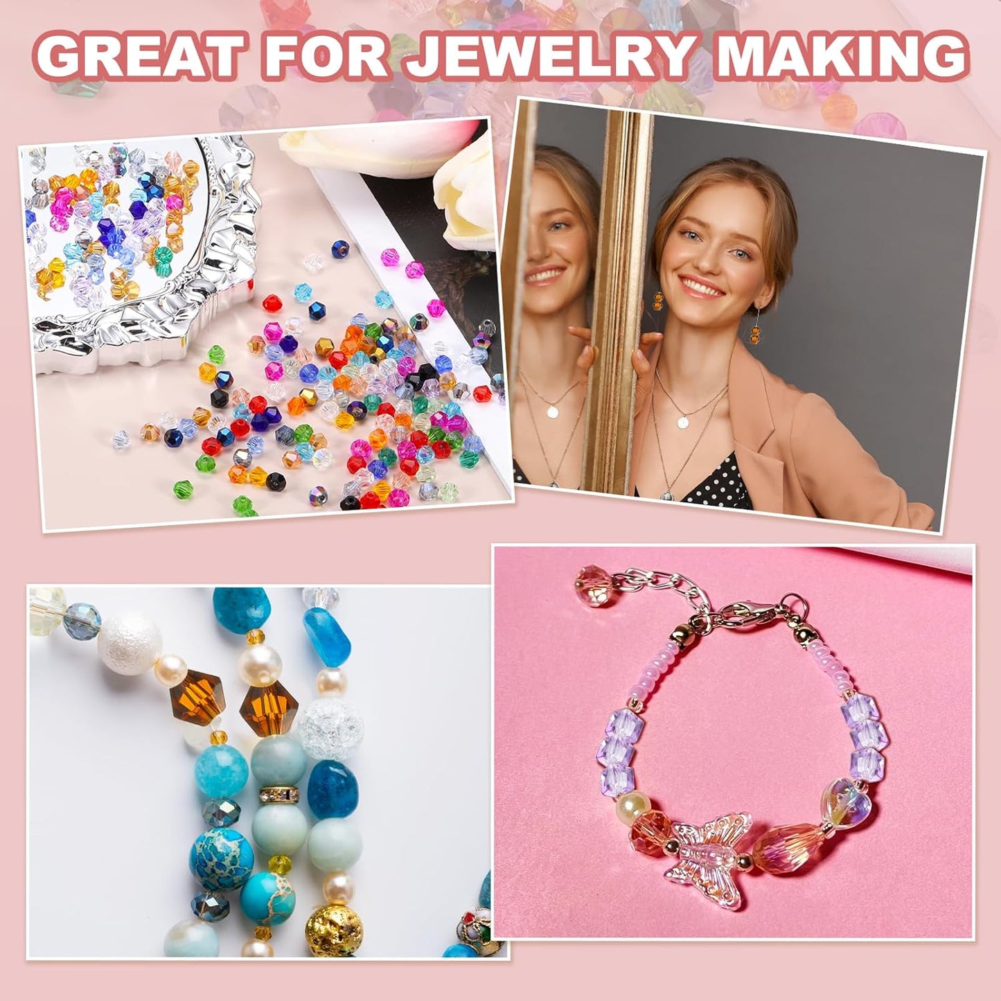 PATIKIL 1000pcs 4mm Bicone Glass Crystal Beads, Faceted Glass Spacer Beads with Box for Jewelry Making Bracelet Necklace Earrings DIY Suncatcher Craft, Colorful White AB