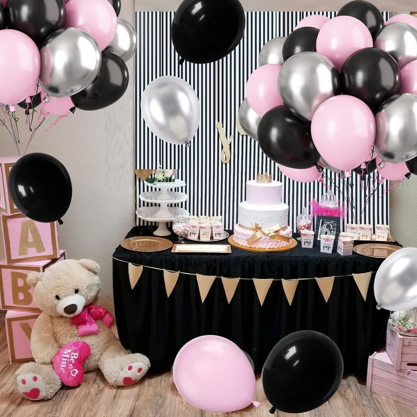 Paready Pink and Black Balloons, 30 Pcs 12 Inch Pastel Pink and Metallic Silver Latex Balloons for Birthday Baby Shower Engagement Anniversary Wedding Bridal Shower Party Graduation Decoration