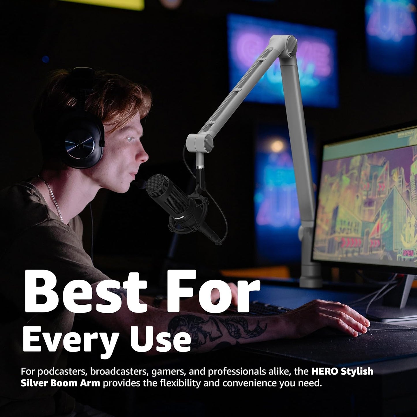 IXTECH Boom Arm - Adjustable 360° Rotatable Microphone Sturdy Stainless Steel Mic Desk, Table Stand Foldable Scissor Stable Mount Arms for Radio Studio, Podcast, Gaming (MATTE SILVER)