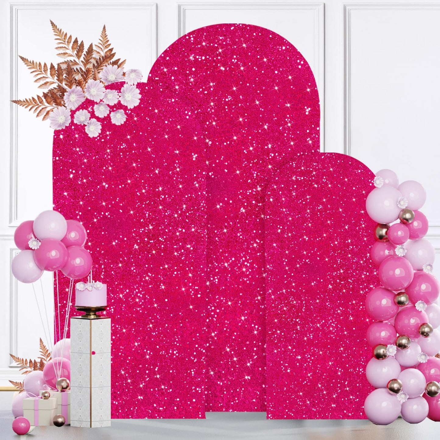 MODFUNS Metal Arch Backdrop Stand and Cover Set 6&6.6&7.2ft Hot Pink Sequins Arch Backdrop Cover Set of 3 Gold Arch Stand with Covers for Baby Shower Birthday Party Banquet Decoration