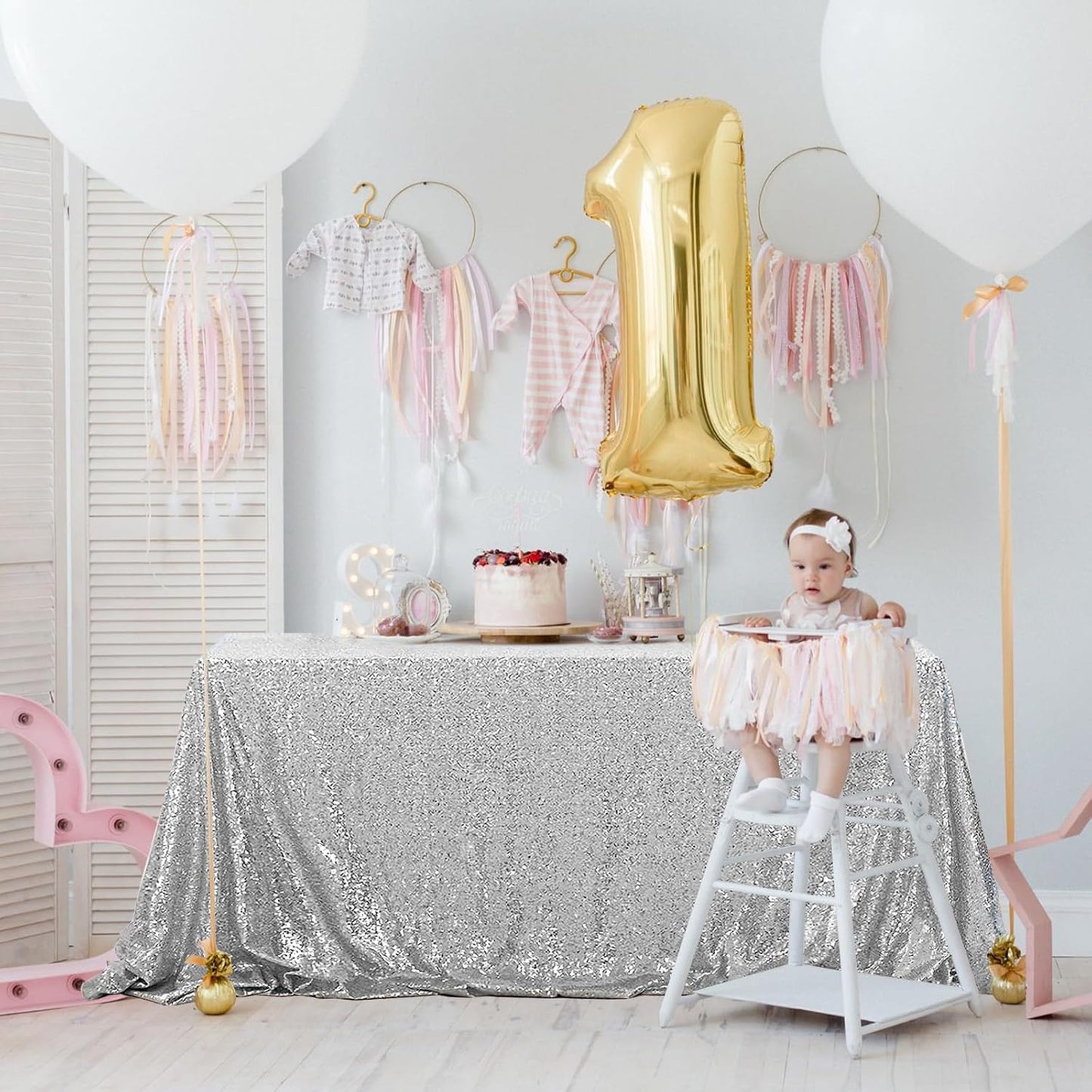 OQSQ Silver Sequins Tablecloth 60x102 inch, Sparkly Glitter Table Cover for Wedding Birthday Party Prom Decorations