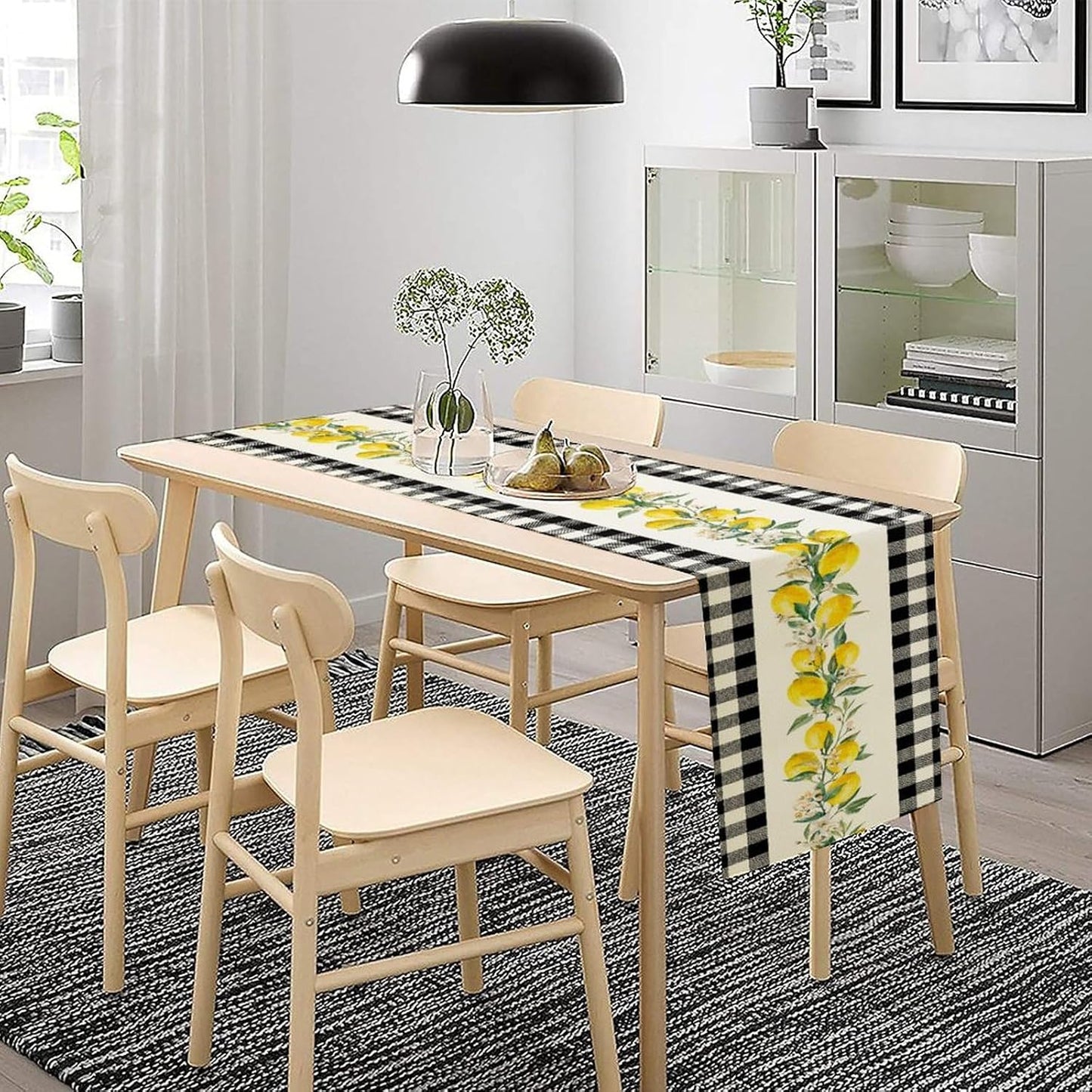 Lemon Table Runner,Black Buffalo Plaid Lemon Table Runner Farmhouse Style Spring Summer Home Kitchen Dinding Room Table Decoration 13x108 Inch