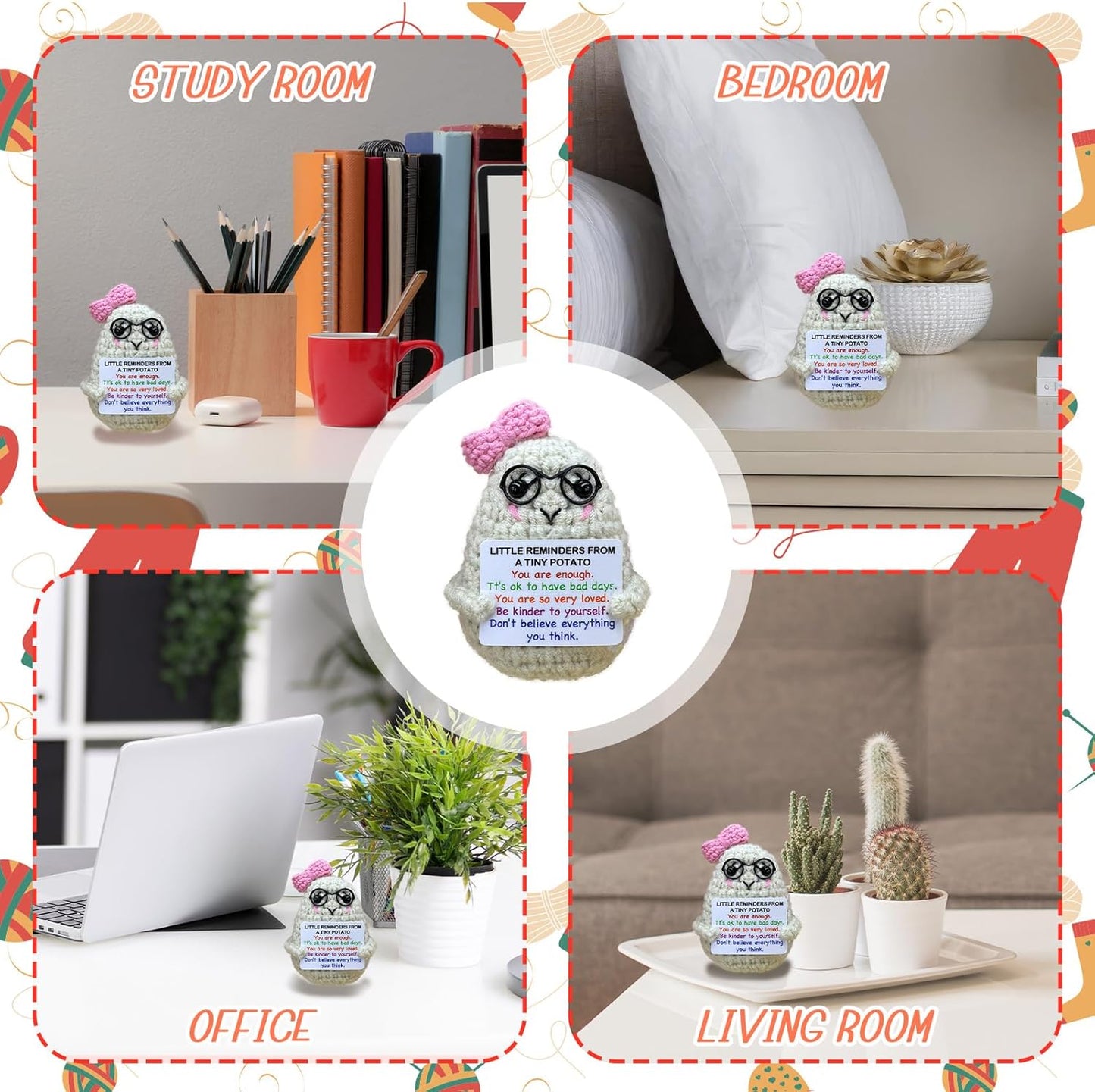 Handmade Crochet Positive Potato Gifts for Women Men Daughter Son Birthday,Teacher Nurse Week Graduation Gift,Handmade Kintted Crochet Doll with Emotional Encouragement Card,Desktop Decors