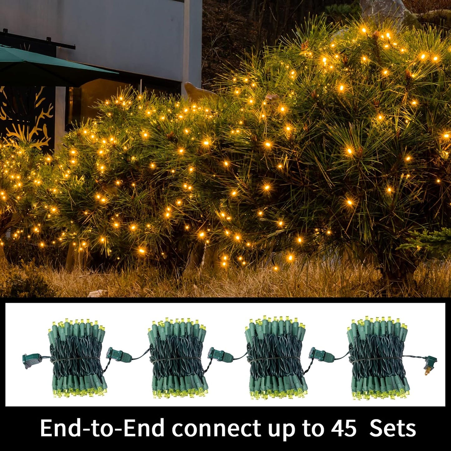 Yellow Wide Angle LED String Lights, 64.8 Ft 300 Count, Pack of 3 Strands 21.9 Ft 100 Lights UL Certified Commercial Grade Green Wire 5mm Holiday String Light