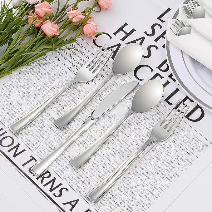 Goodluck 100 Pack Pre Rolled Silver Plastic Silverware, Wrapped Plastic Cutlery Set with Napkin Include 100 Forks, 100 Knives, 100 Spoons and 100 Napkins, Disposable Silverware for Party, Wedding
