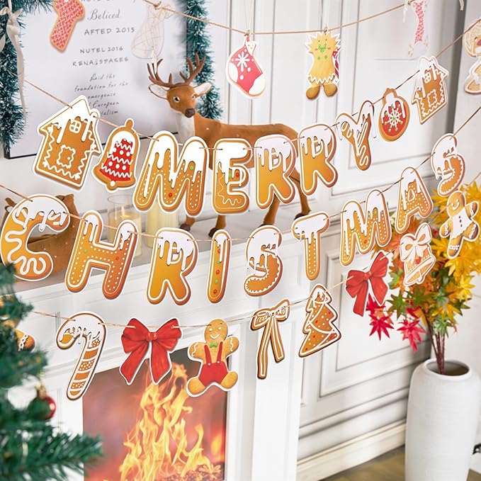 Merry Christmas Banner Gingerbread Christmas Hanging Decoration 3PCS Gingerbread Theme Garland Banner for Holiday Home Office Fireplace Wall Decor Outdoor Indoor Xmas Party Banner