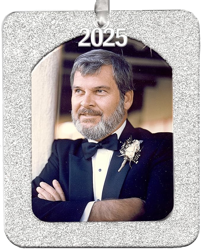 2025 Photo Ornaments for Christmas Tree, Sparkly Glitter Christmas Frame Ornament, Easy-Load Magnetic Design, Includes Satin Ribbon, Silver Charm & Photo Protector, Vertical, Silver